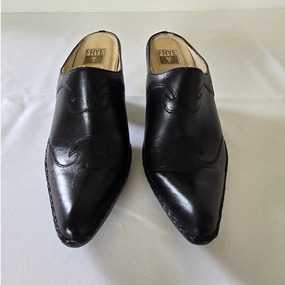 Frye Phoenix Black Leather Mule Heels Size 8 Women’s Western Slip-On - Picture 1 of 6